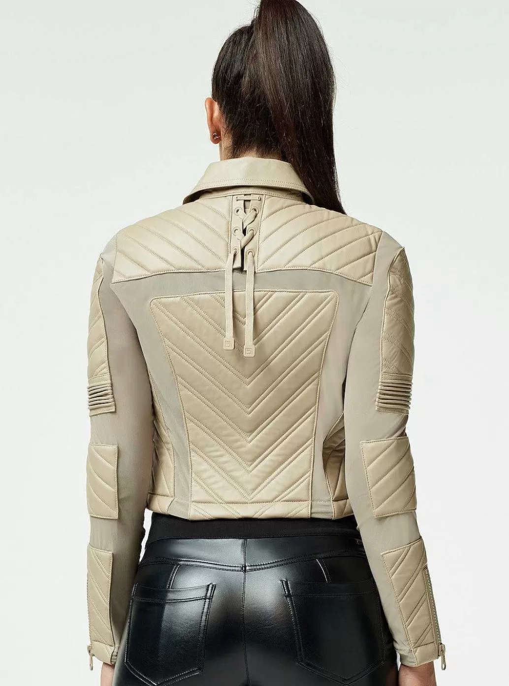 Cheap Blanc Noir Acceleration Asym Moto Mesh Leather Jacket Light Taupe