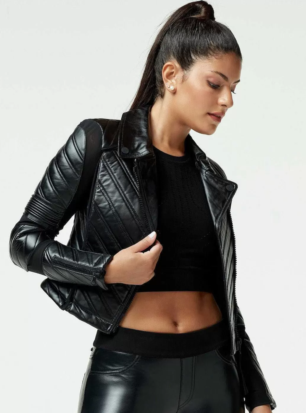 Store Blanc Noir Acceleration Asym Moto Mesh Leather Jacket Black