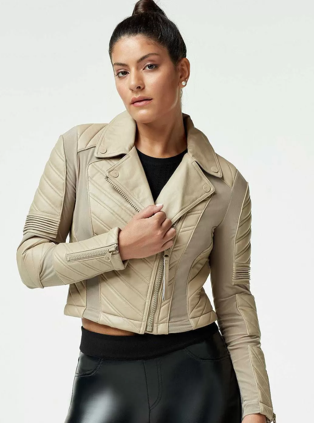 Cheap Blanc Noir Acceleration Asym Moto Mesh Leather Jacket Light Taupe