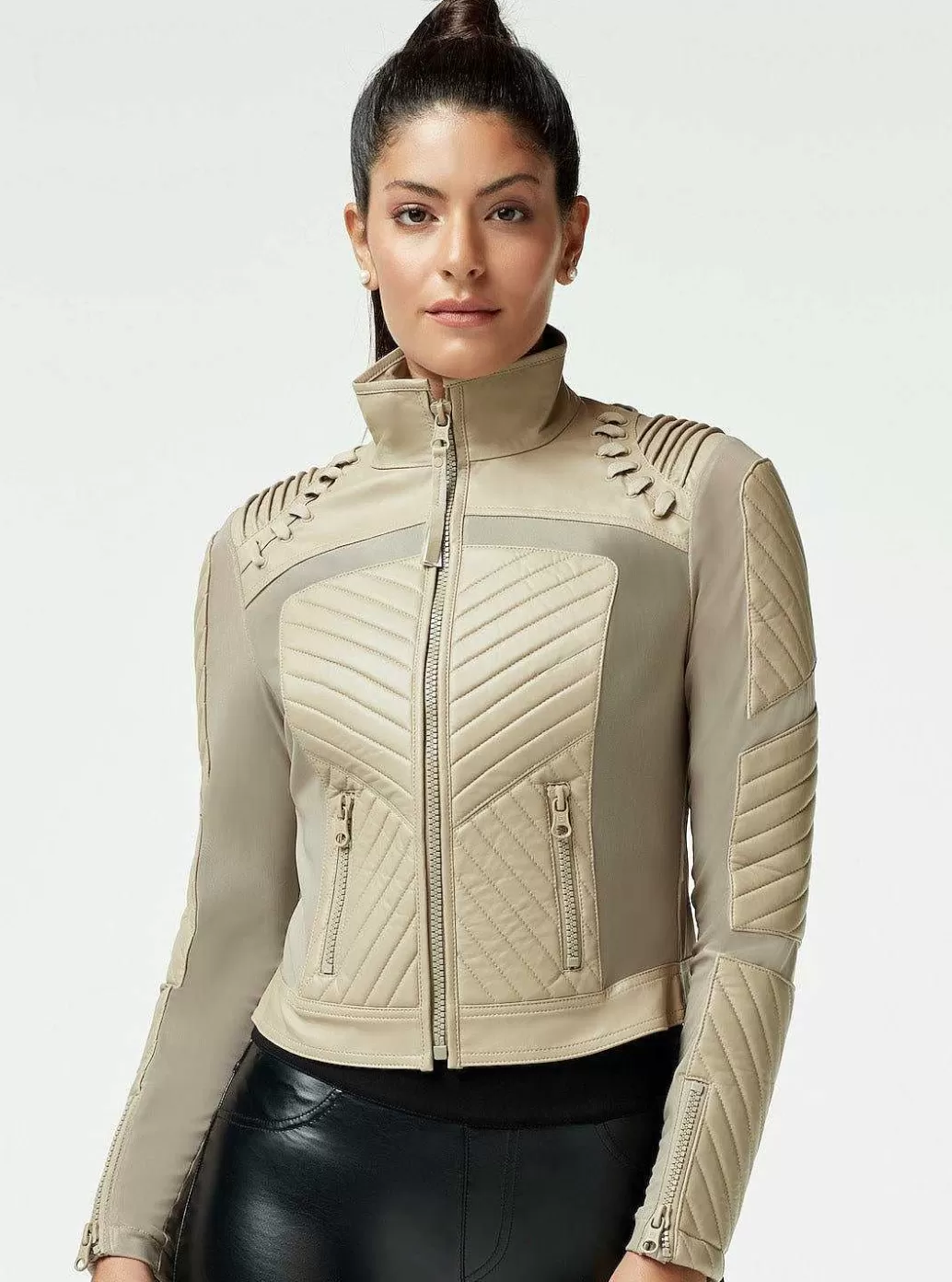 Outlet Blanc Noir Acceleration Moto Mesh Leather Jacket Light Taupe