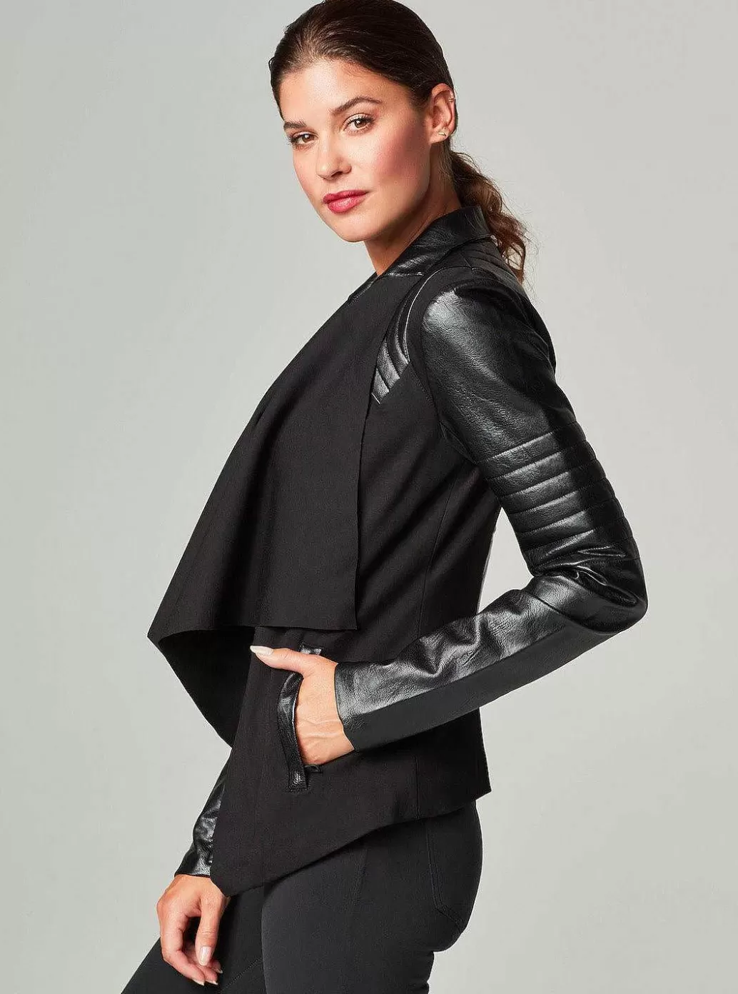 Shop Blanc Noir Drape Front Jacket Black