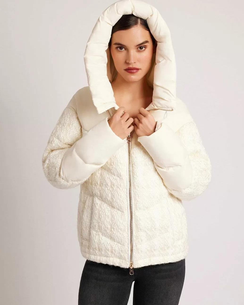 Cheap Blanc Noir Irina Boucle Puffer Gold Trims Down Filled Ivory Combo