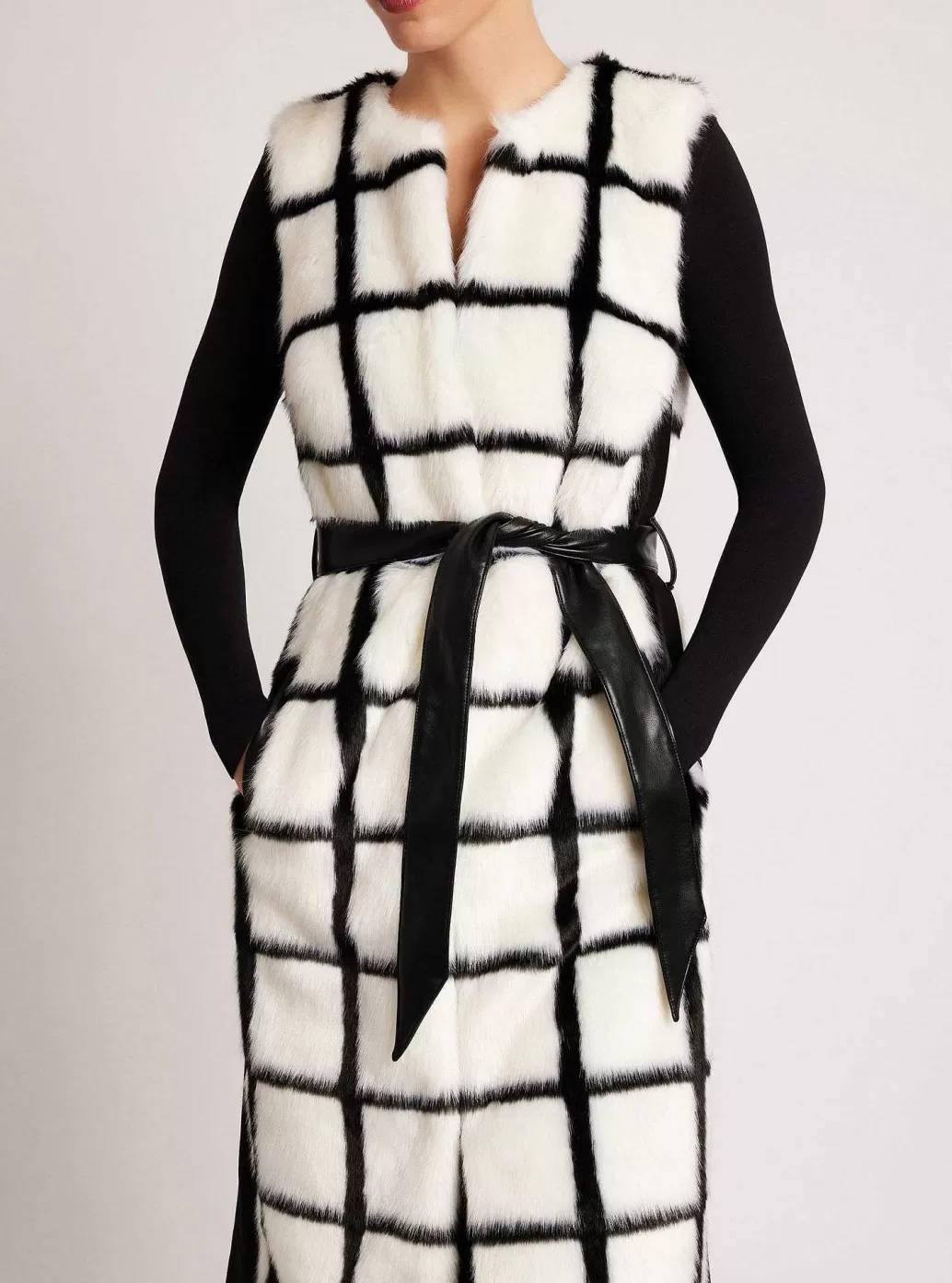 Clearance Blanc Noir Katerina Faux Fur Sleeveless Maxi Vest White/Black