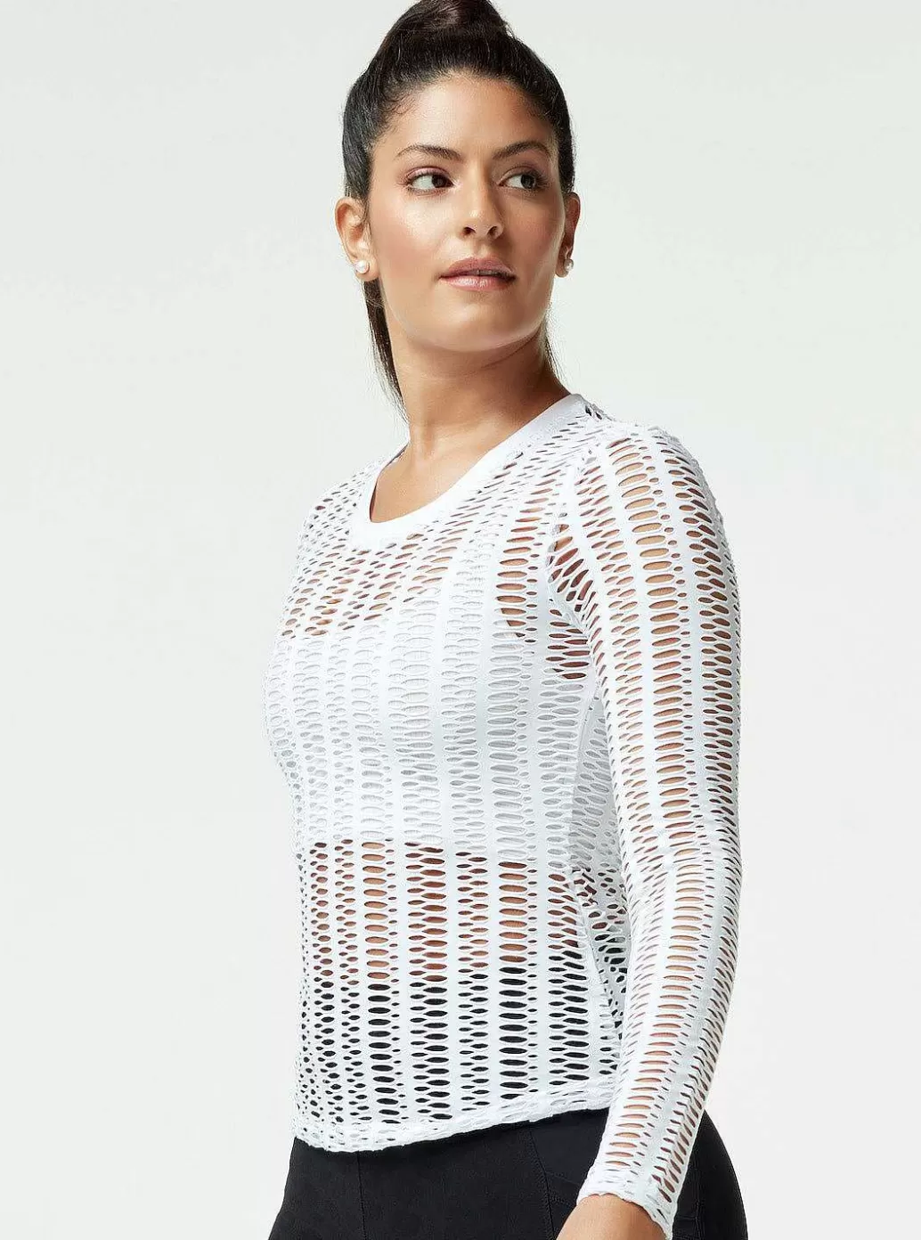 Fashion Blanc Noir Linear Mesh Top Long Sleeve White