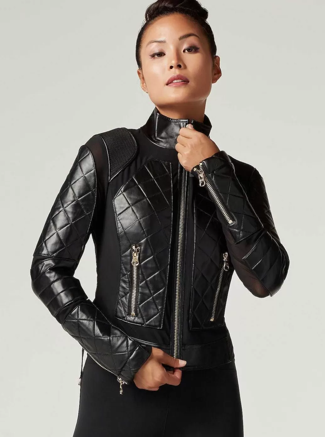Outlet Blanc Noir Mesh Moto Jacket With Black Leather & Gold Trims - Gold Collection Black-Gold