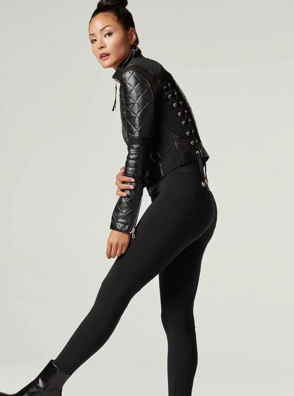 Outlet Blanc Noir Mesh Moto Jacket With Black Leather & Gold Trims - Gold Collection Black-Gold