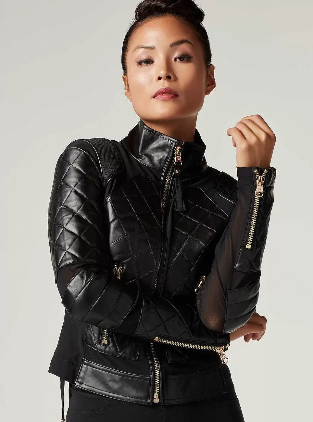 Outlet Blanc Noir Mesh Moto Jacket With Black Leather & Gold Trims - Gold Collection Black-Gold