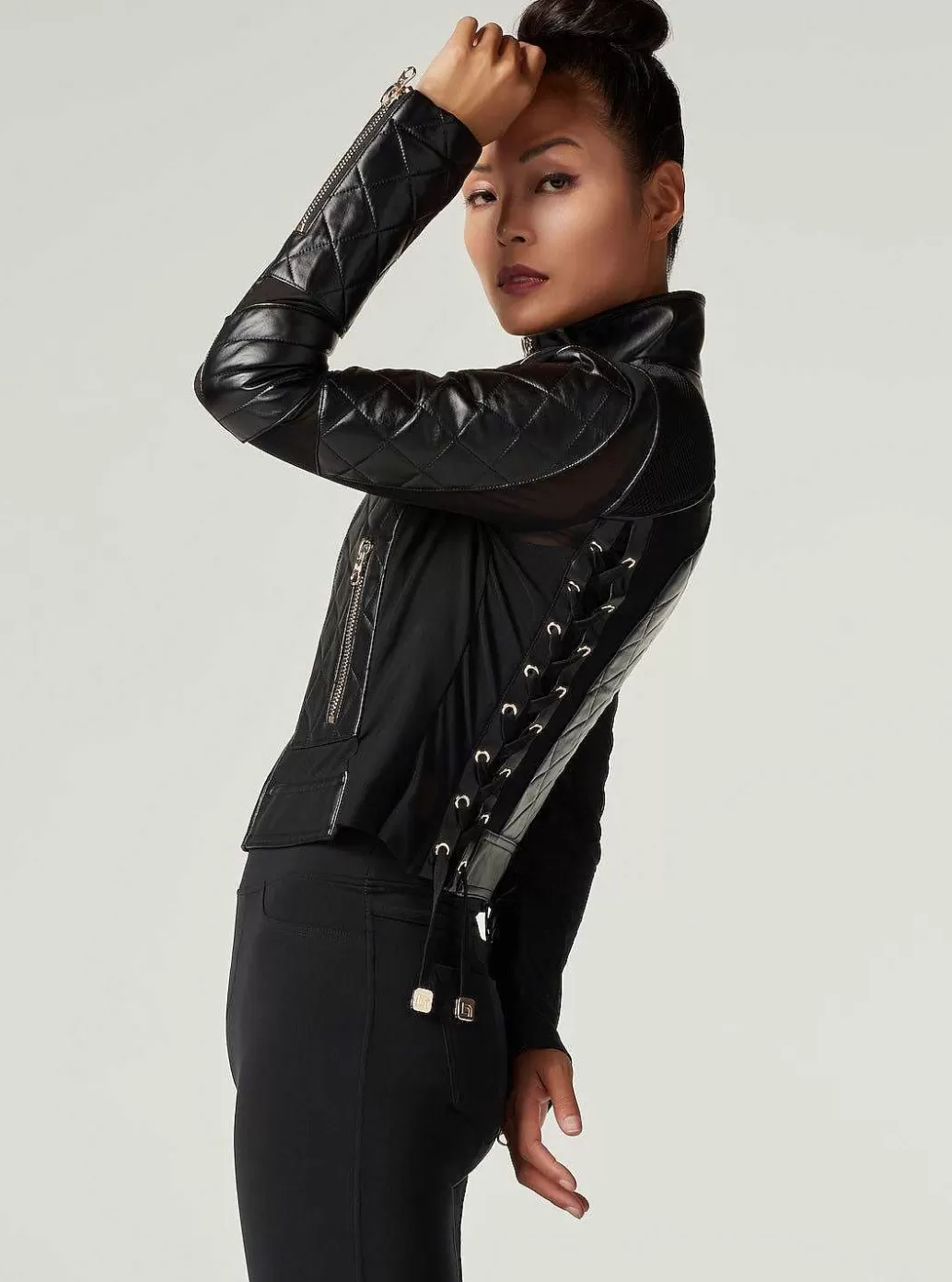Outlet Blanc Noir Mesh Moto Jacket With Black Leather & Gold Trims - Gold Collection Black-Gold