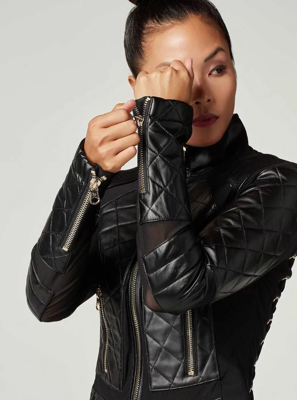 Outlet Blanc Noir Mesh Moto Jacket With Black Leather & Gold Trims - Gold Collection Black-Gold