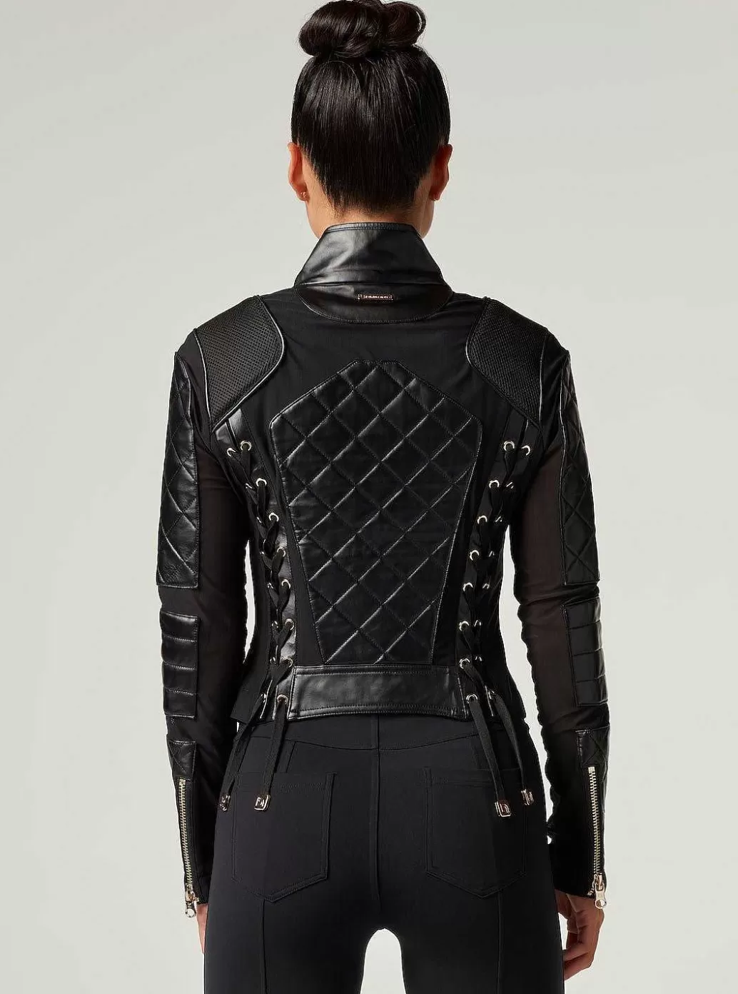 Outlet Blanc Noir Mesh Moto Jacket With Black Leather & Gold Trims - Gold Collection Black-Gold