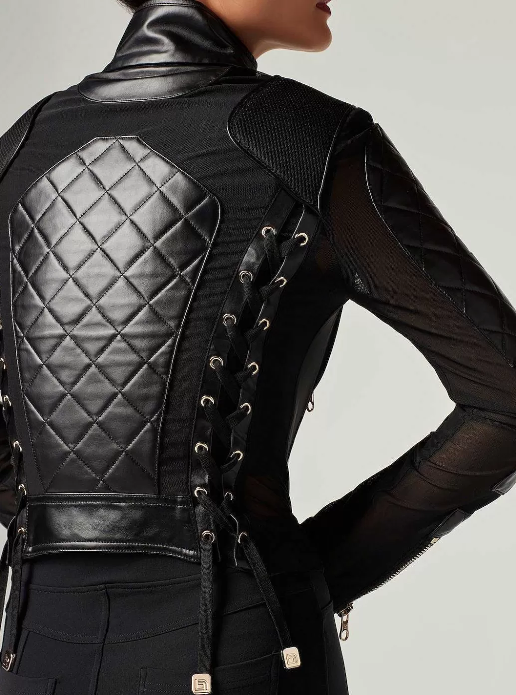 Outlet Blanc Noir Mesh Moto Jacket With Black Leather & Gold Trims - Gold Collection Black-Gold