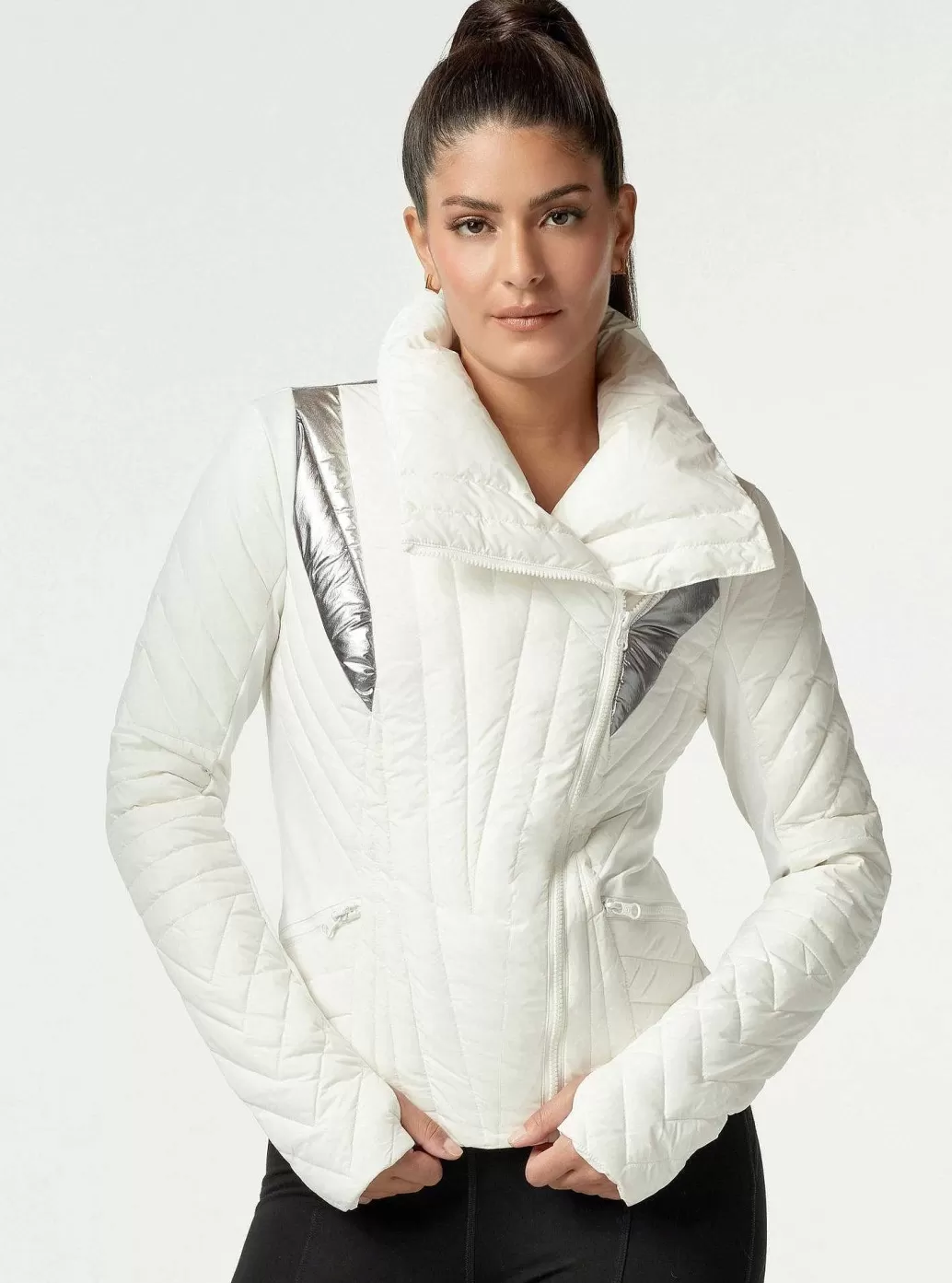 Store Blanc Noir Metallic Motion Panel Puffer - Down Filled White