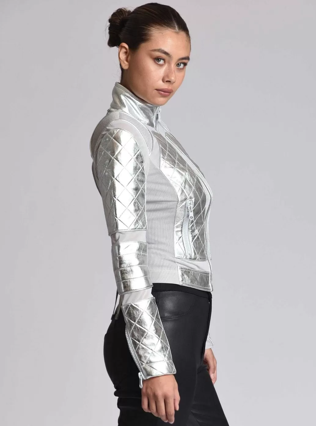 Cheap Blanc Noir Metallic Moto Mesh Jacket Silver