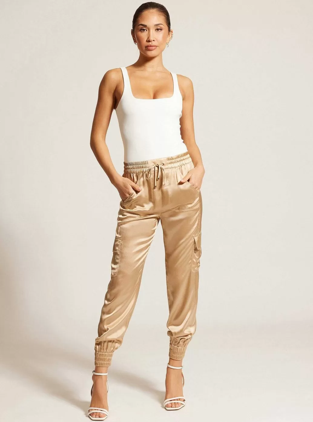 Shop Blanc Noir Silk Jogger Gold Trims Irish Cream/Gold