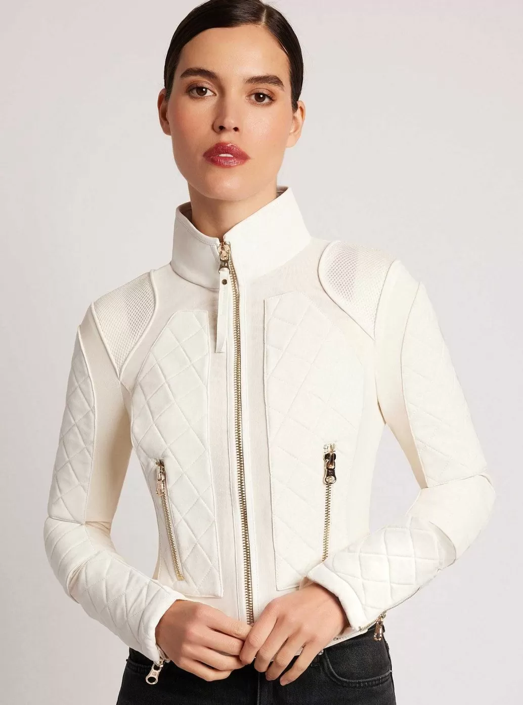 Flash Sale Blanc Noir Suede Moto Mesh Jacket With Gold Trims White Alyssum