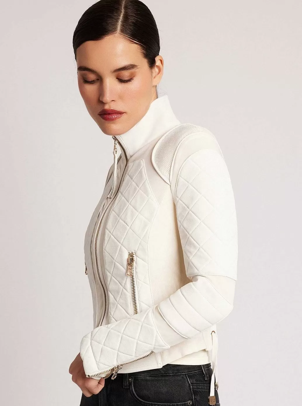 Flash Sale Blanc Noir Suede Moto Mesh Jacket With Gold Trims White Alyssum