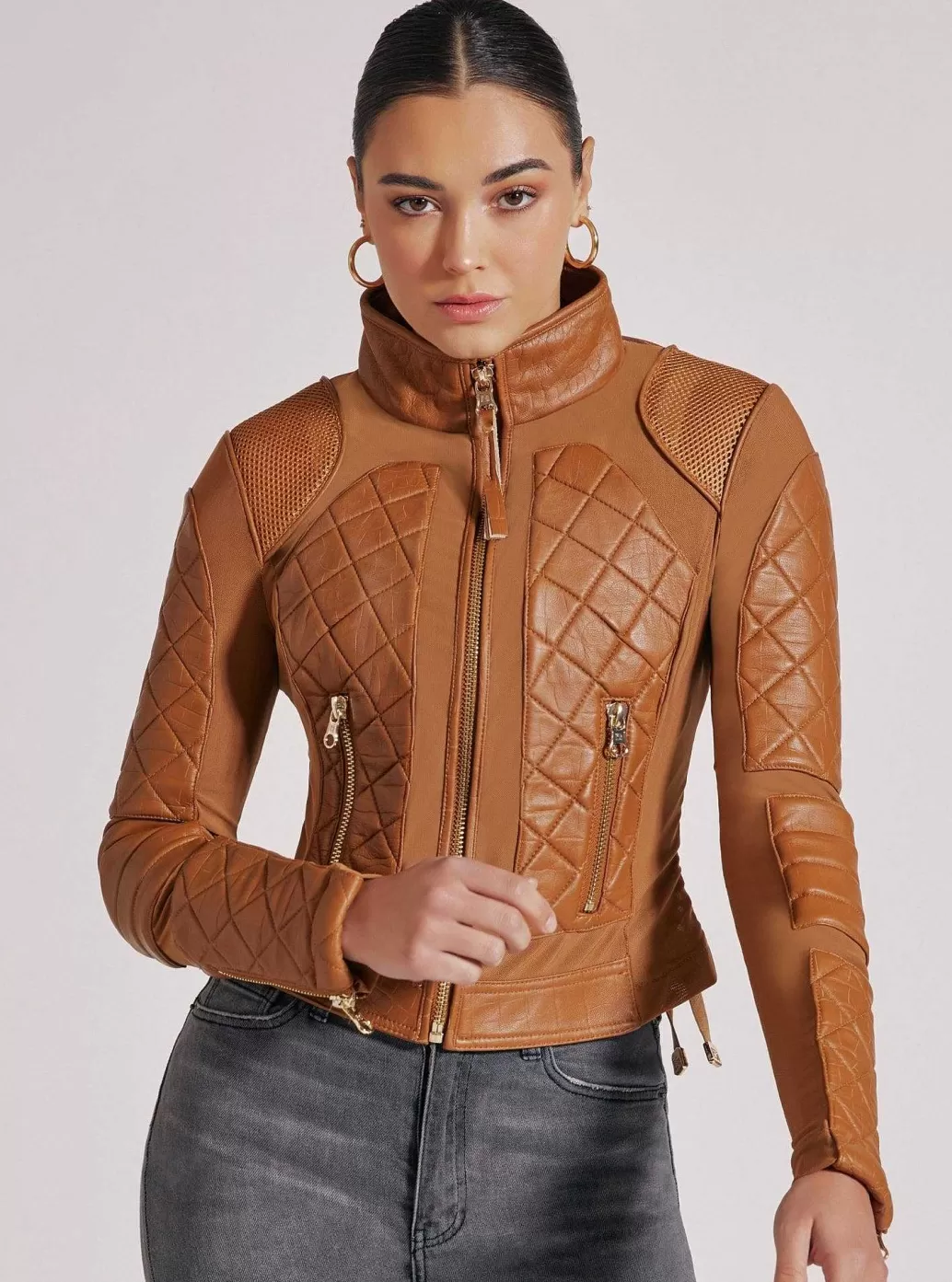 Cheap Blanc Noir Textured Mesh Moto Jacket Brown Sugar Croc/Gold