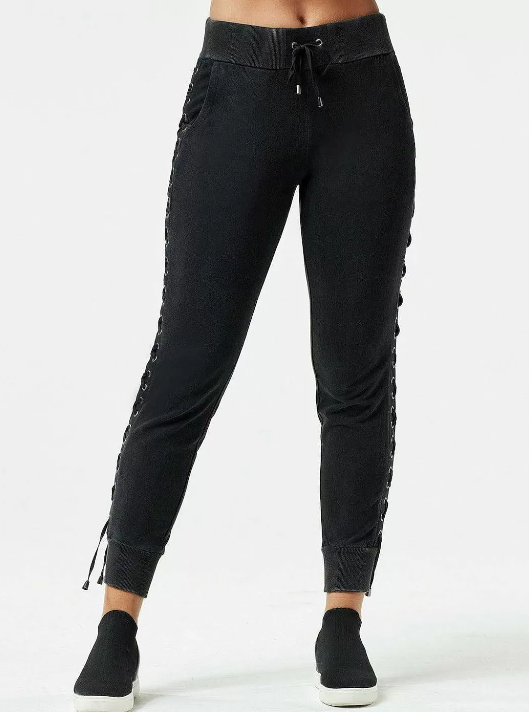 Fashion Blanc Noir Vintage Wash Lace Up Jogger Black