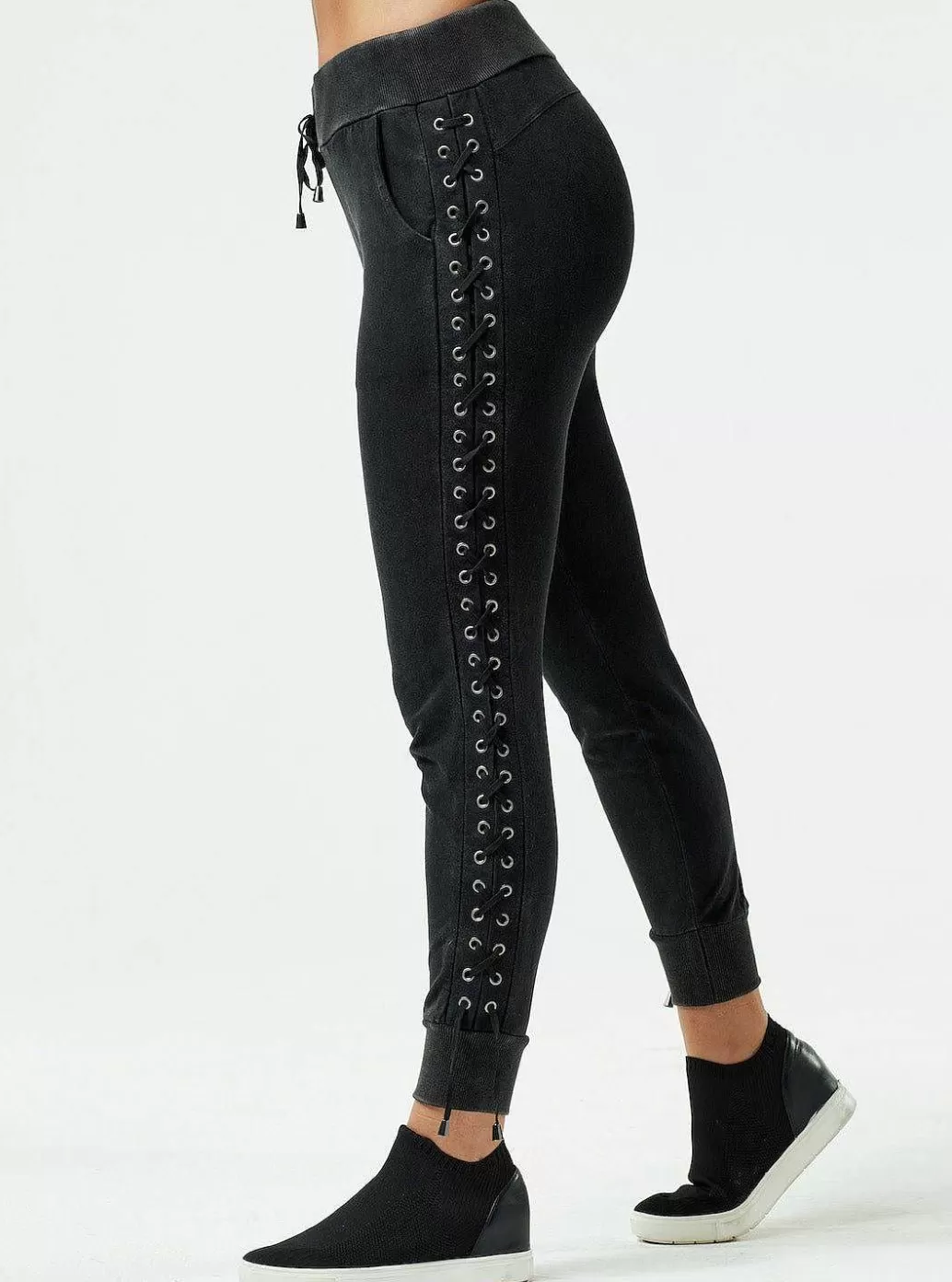 Fashion Blanc Noir Vintage Wash Lace Up Jogger Black