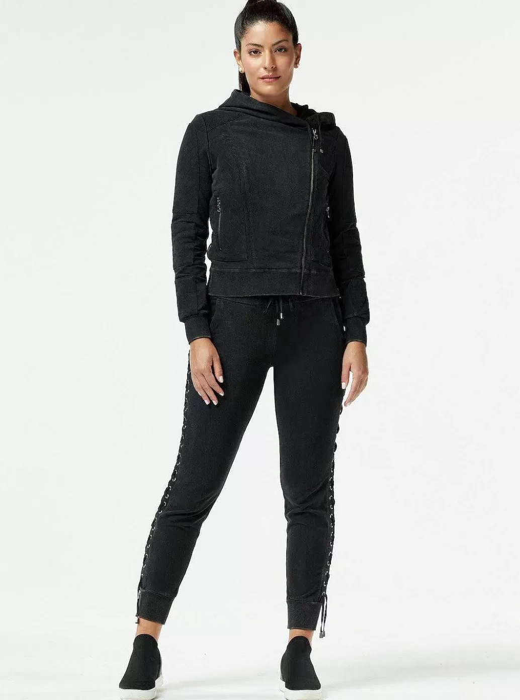 Fashion Blanc Noir Vintage Wash Lace Up Jogger Black